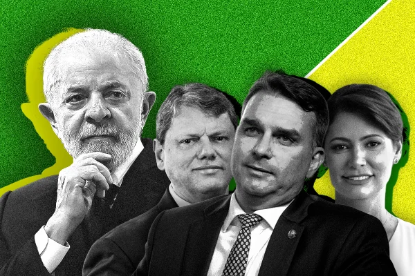 Imagem colorida montagem de Lula, Tarcísio, Flávio e Michelle