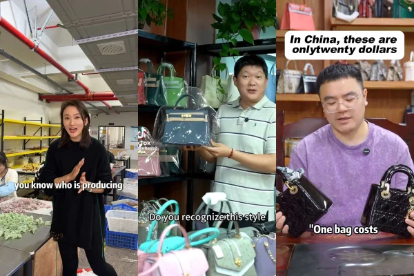 Na iamgem com cor, foto de chineses expondo produção de bolsas de luxo - metrópoles