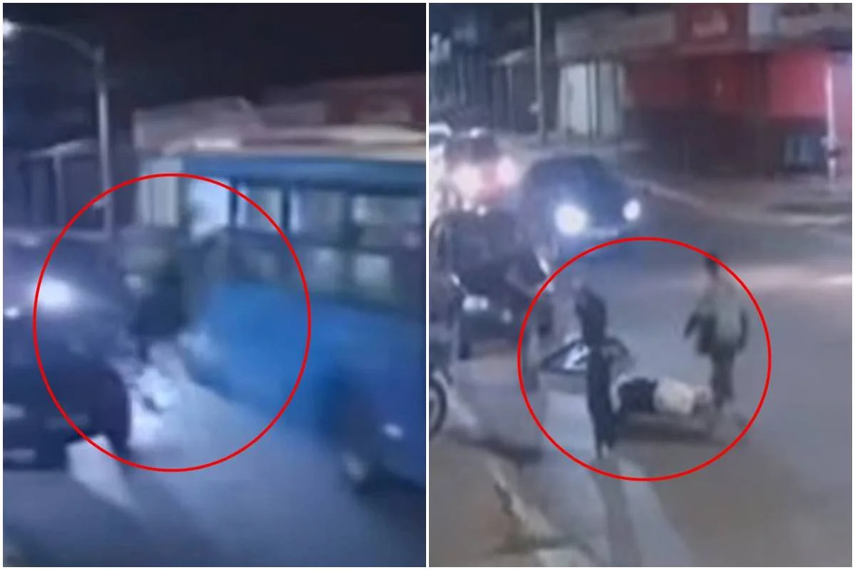 Adolescentes brincam com alavanca de emergência e caem de ônibus; veja 1 Adolescentes mexem em alavanca de emergência e caem de ônibus em movimento
