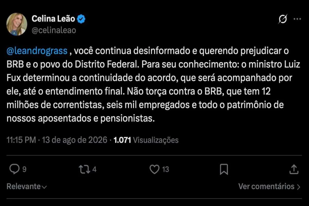 Celina Leão responde Grass após ser acusada de mentir no caso do BRB Celina Leão responde Grass após ser acusada de mentir no caso do BRB