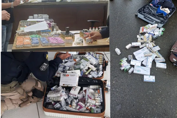 Imagens coloridas mostram caixas de medicamentos e anabolizantes apreendidas pela Polícia Rodoviária Federal