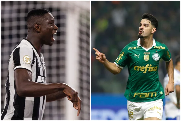 Imagem colorida de Luiz Henrique e Flaco Lopez, jogadores do Botafogo e Palmeiras- Metrópoles
