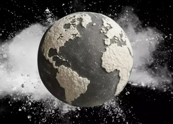 Imagem em preto e branco do planeta Terra coberto por pó branco - Metrópoles