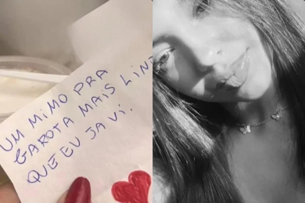 Montagem mostra duas fotos lado a lado. Na esquerda está a foto de um bilhete escrito "um mimo para a garota mais linda que já vi". No lado direito, está a foto em preto e branco de uma garota branca com cabelos escuros lisos - Metrópoles
