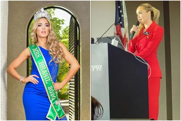 Montagem colorida com duas fotos de Cristiane Mersch, uma mulher loira e branca - Metrópoles