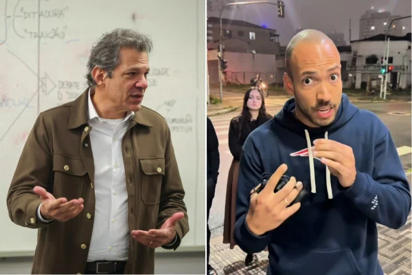 Imagem colorida mostra o pré-candidato Fernando Haddad e o militante Gabriel Piauhy