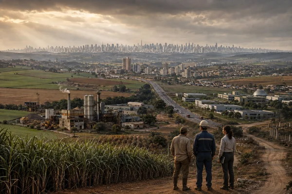 Trabalhadores observam plantações, indústrias e infraestrutura no interior de São Paulo, com a capital ao fundo - Metrópoles