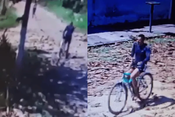 Imagem colorida de um homem andando se masturbando enquanto persegue uma mulher de bicicleta - Metrópoles