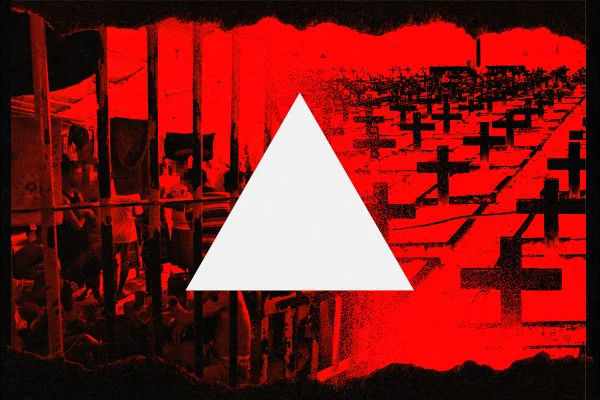Arte feita pelo Metrópoles com fundo vermelho e um triângulo representando a bandeira de MG e com fundo vermelho e cruzes representando mortes
