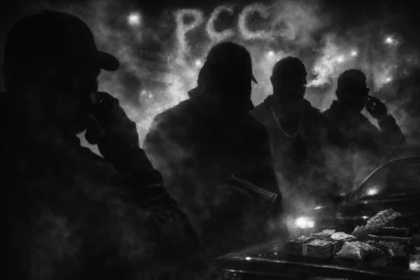 Quatro silhuetas de boné, em clima noir, esfumaçado, com um fundo no qual se vê as letras PCC - Metrópoles