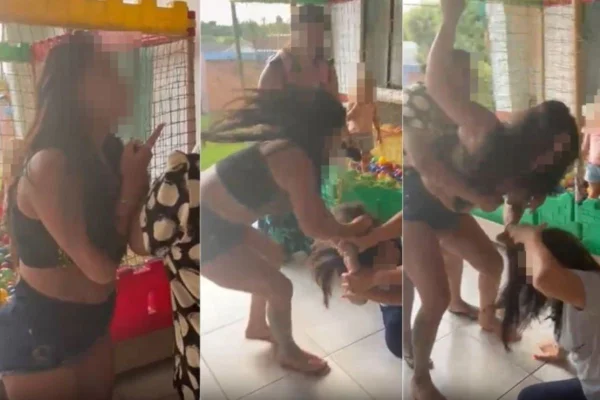 Montagem com fotos coloridas de mãe agredindo diretora - Metrópoles