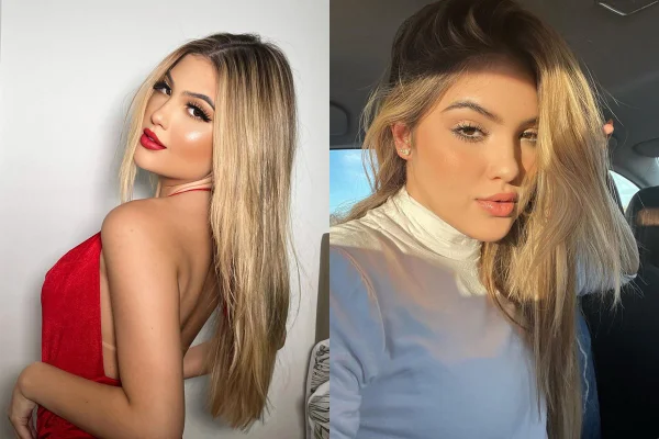 Montagem com duas fotos da mesma mulher, a influenciadora Mari Menezes, uma mulher branca e loura