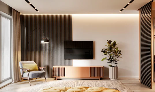 foto de sala de estar com painel em madeira