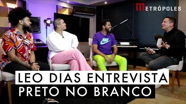 Print colorido de Luã Freitas, Silas Simões e Fadi Gonçalves, do Preto no Branco, em entrevista a Leo Dias