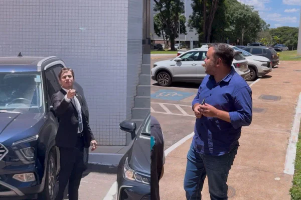 Montagem com foto colorida de Nikolas Ferreira e homem discutindo - Metrópoles