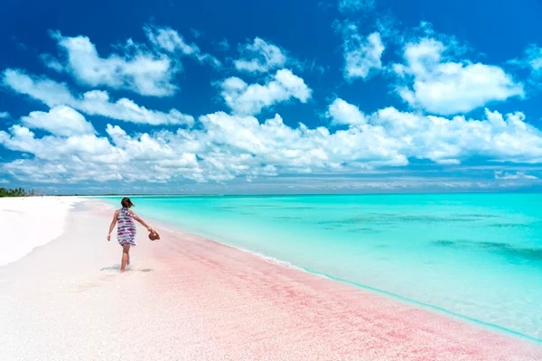 mulher caminhando em praia com areia rosa