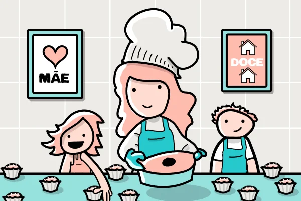 desenho mãe fazendo bolo com filhos