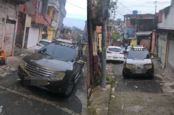 Montagem mostra duas fotos coloridas, lado a lado, que mostram um carro Duster de cor marrom estacionado em via estreita e com faixas laranjas de isolamento da Polícia ao redor - Metrópoles