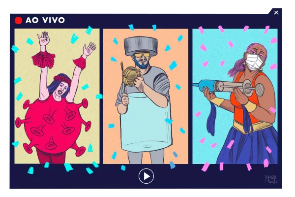 Desenho de pessoas curtindo o carnavl por meio de live com fantasia de coronavírus, vacina e outros