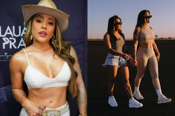 Montagem colorida de uma mulher olhando para a câmera e duas mulheres andando de mãos dadas - Lauana Prado