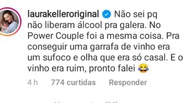 Laura Keller critica falta de álcool em reality: “E o vinho era ruim” - destaque galeria Laura Keller critica falta de álcool em reality: “E o vinho era ruim” - destaque galeria