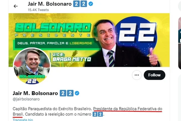 Imagem colorida mostra imagem do perfil de Jair Bolsonaro no Twitter - Metrópoles