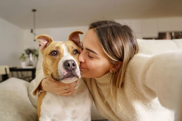 mulher beijando um pit-bull
