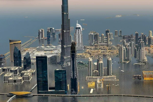 Imagem colorida de projeção do aumento do nível do mar em Dubai