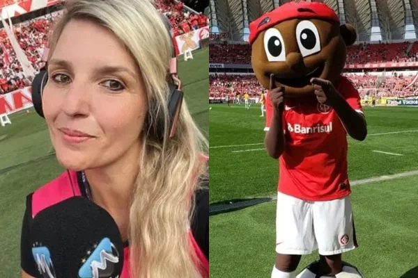 Montagem com fotos coloridas da jornalista Gisele Kümpel e do mascote do Internacional - Metrópoles
