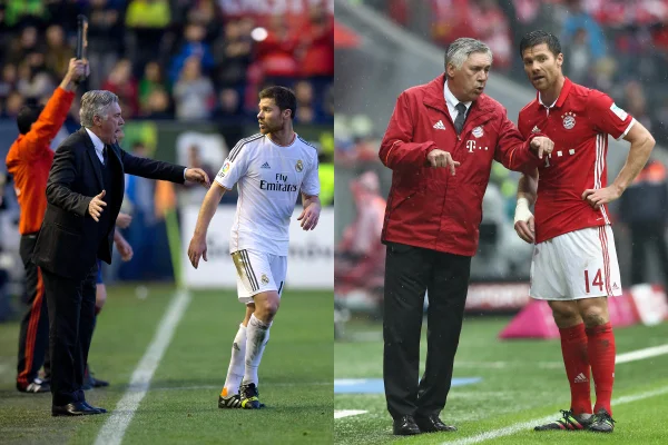 Foto colorida de Carlo Ancelotti e Xabi Alonso - Metrópoles