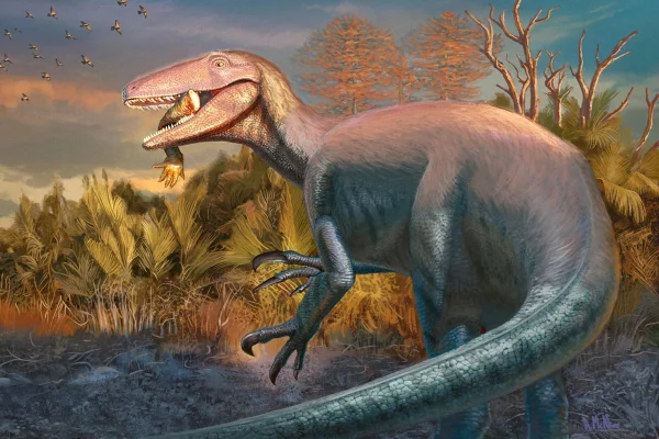 Ilustração colorida de dinossauro com alimento na boca - Metrópoles