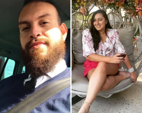 Colagem de fotografias coloridas. Do lado esquerdo, homem está de terno dentro do carro. Do lado direito, mulher está de vestido sentada em uma cadeira floral