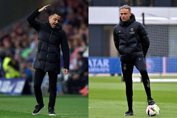 Imagem colorida de Xavi e Luis Enrique