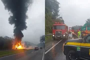 Carreta com 26 mil litros de óleo pega fogo e trava Régis Bittencourt - imagem 3 Carreta com 26 mil litros de óleo pega fogo e trava Régis Bittencourt - imagem 3