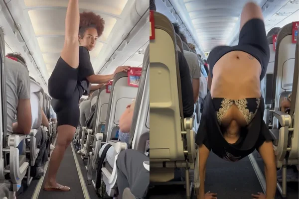Jovem é criticada por fazer ioga e alongamentos no corredor do avião