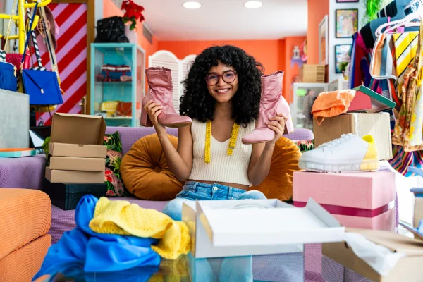 jovem hispânica administrando seu negócio de comércio eletrônico de roupas domésticas em casa - Designer feminina é dona de loja de compras online, conceitos de negócios em casa e revenda de acessórios de segunda mão