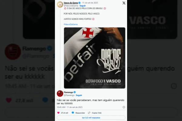Perfil oficial do Flamengo zoa Vasco nas redes sociais. Confira