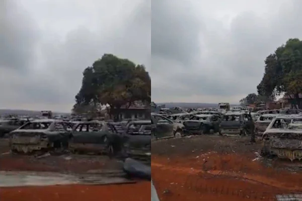 Em vídeo, pátio da Polícia Civil em Drumont virou cemitério de carros queimados. Caso aconteceu em meio a focos de incêndio em Ribeirão - Metrópoles