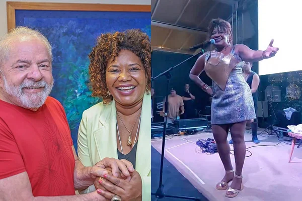 À esquerda, Lula e Margareth Menezes; à direita, cantora em primeiro show após aceitar ser ministra da Cultura - Metrópoles