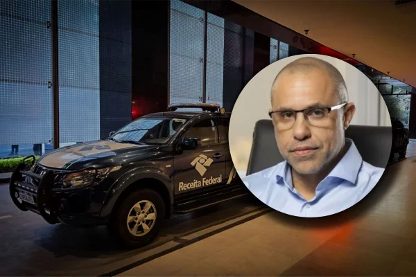 Montagem com foto colorida de Mohamad Mourad ao lado de viatura da Receita Federal - Metrópoles