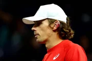 SAN FRANCISCO, CALIFORNIA - SEPTEMBER 20: A close-up view of the injured ear of Alex De Minaur of Team World in his doubles match with partner Alex Michelsen of Team World against Casper Ruud of Team Europe and Holger Rune of Team Europe during day two of Laver Cup 2025 at Chase Center on September 20, 2025 in San Francisco, California. (Photo by Joe Scarnici/Getty Images for Laver Cup)