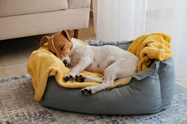Imagem colorida de cachorro deitado em cama com cobertor amarelo