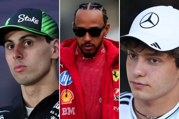 Imagem colorida de três pilotos da Fórmula 1, Bortoleto, Hamilont e Antonelli - metrópoles
