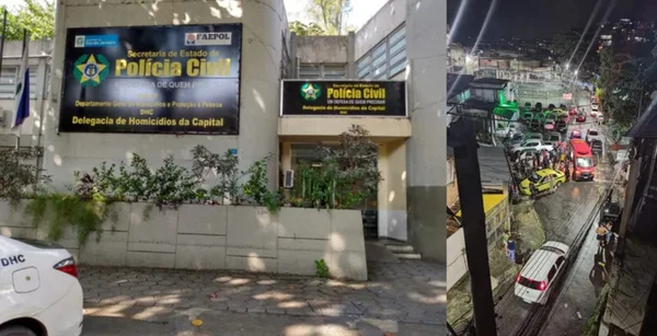 Montagem com imagens coloridas da delegacia que investiga o caso e imagem da rua no momento crime cheia de pessoas - Metrópoles