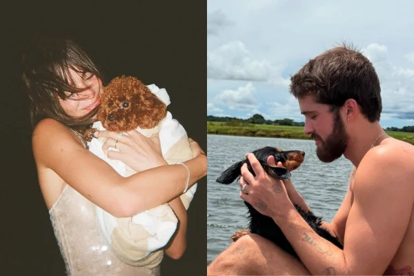 Montagem de duas imagens coloridas de João Guilherme com Haku, e Bruna com Chihiro