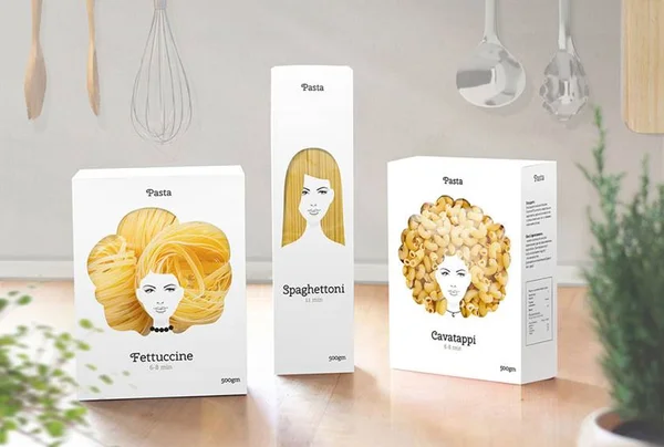 Designer cria embalagens de macarrão inspiradas em diferentes tipos de cabelo