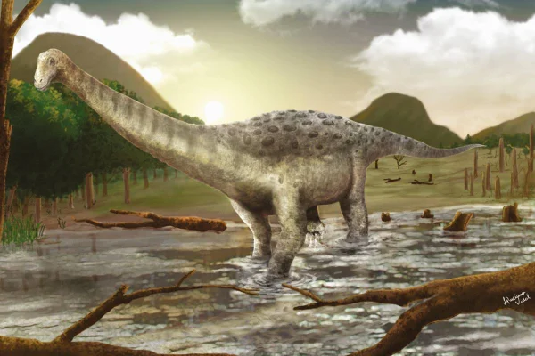 imagem colorida da nova espécie de dinossauro descoberta na caatinga brasileira