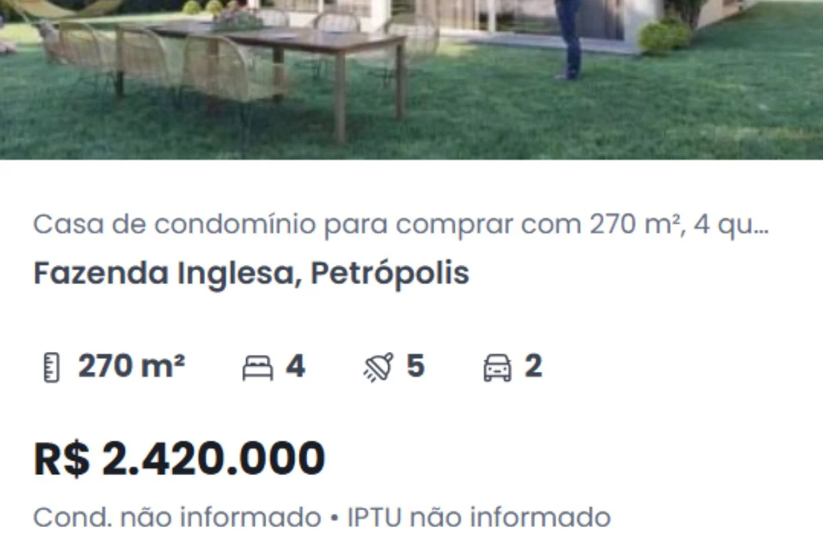 O imóvel foi anunciado por R$ 2,4 milhões O imóvel foi anunciado por R$ 2,4 milhões