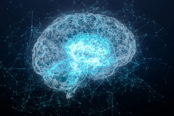 Projeto de cerebro azul com neuronios destacados em fundo preto