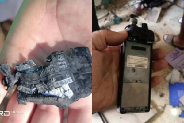 Montagem com fotos coloridas de pager e walkie-talkie explodidos - Metrópoles